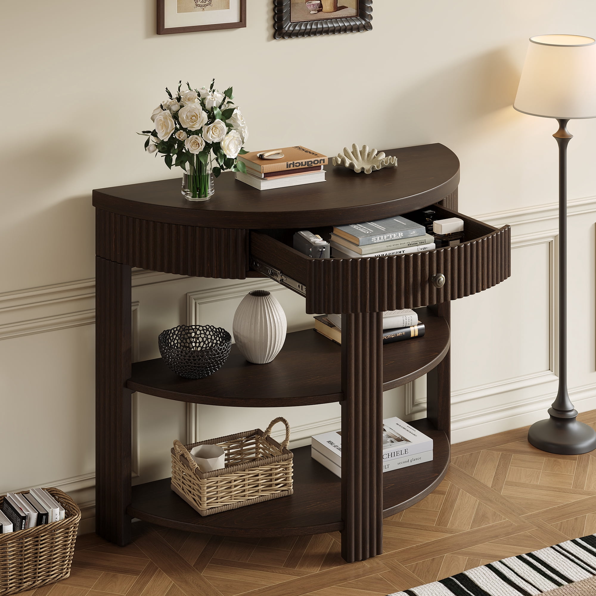 Fluted Half Moon Console Table with Drawer and 2 Shelves for Entryway, Living Room and Hallway (Espresso)