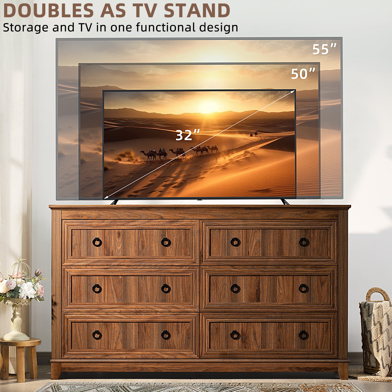Joaxswe 6 Drawers Dresser for Bedroom, 54'' Dresser Chest of Drawers, Vintage Storage Dressers Organizer for Bedroom, Living Room, Hallway-Brown