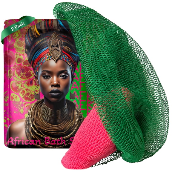 African Net Sponge, Premium Authentic Exfoliating Body Scrubber, Extra Long Stretch Bath Sponge for Shower, Deep Exfoliating Washcloth for Smooth Skin, 2 Pack (Pink & Green)