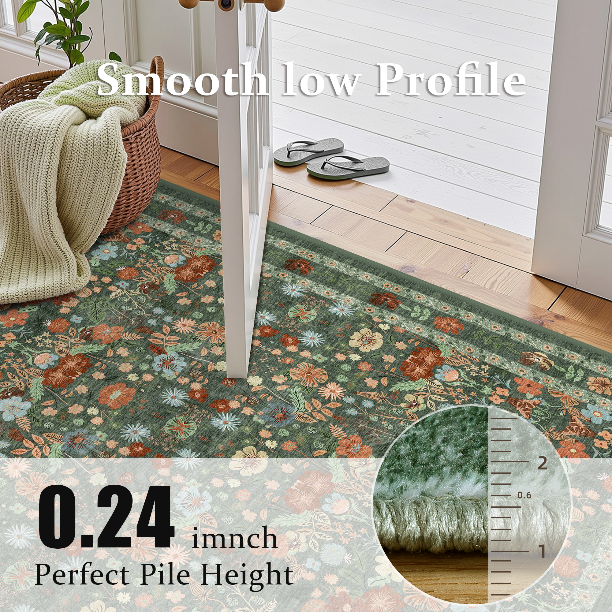 ATHOPE 6x9 Area Rugs for Living Room Bedroom, Floral Washable Soft Low Pile Rug with Non-Slip Backing, Large Vintage Distress Print Pattern Carpet, Green Floral