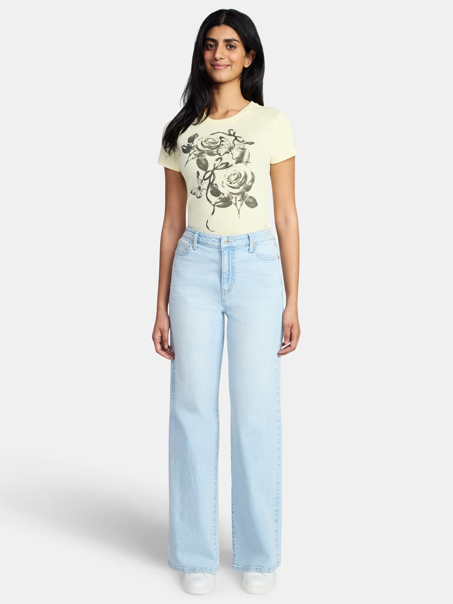 Bow Grid Watercolor Women's Graphic Cropped Baby Tee with Short Sleeves, Sizes XXS-XXL