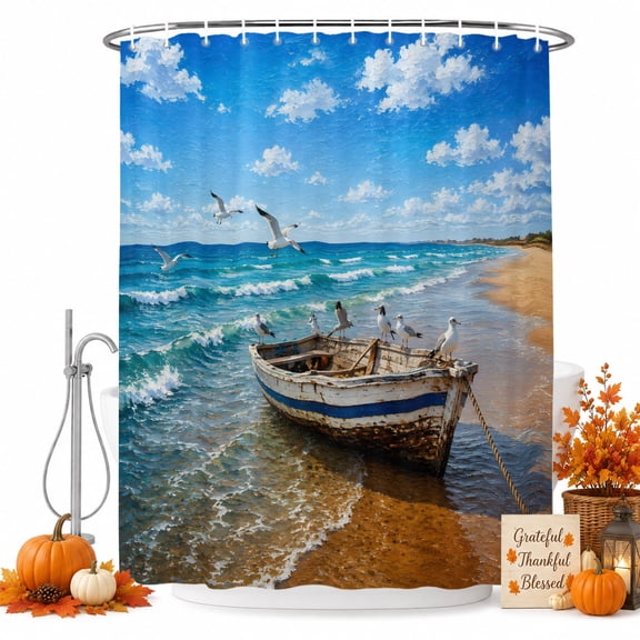 Coastal Nautical Shower Curtain, Waterproof Shower Curtains for Bathroom, Summer Ocean Beach Seagulls Waves Washable Fabric Bathtub Curtain Set Bath Decor with 12 Hooks Long 72"x84"
