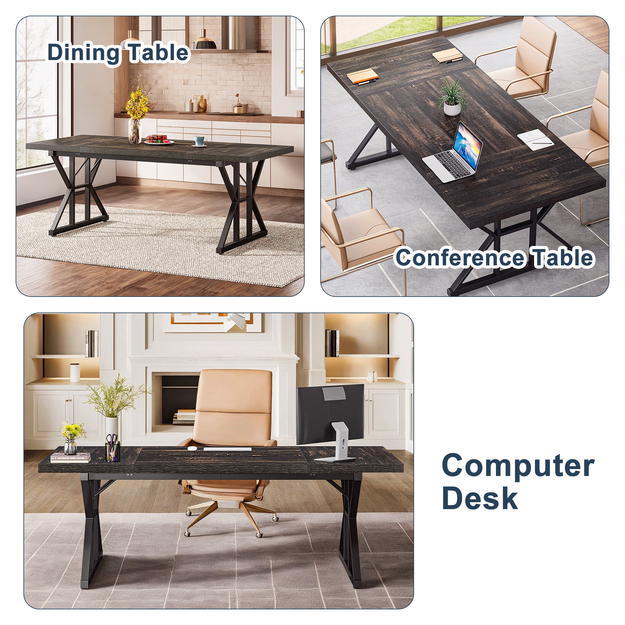 Demi Bonn 71" Farmhouse Dining Table, Wood Rustic Kitchen Table for 6 People, Large Rectangular Dinner Table for Dining Room, Home Office, Living Room Furniture, Black