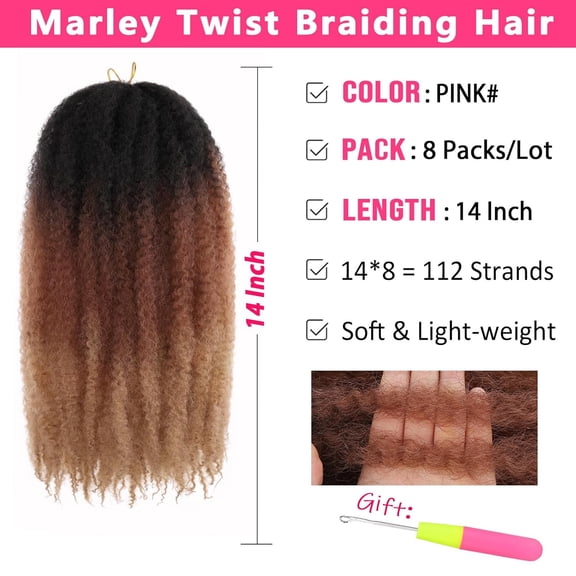 WEIF-3Tone 14 Inch Marley Twist Braiding Hair 8 Packs Ombre Marley Hair Crochet Braids Pre-Separated Afro Kinky Twist Crochet Hair for Black Women Short Braiding Hair Extensions (8 Packs,1B3027#)