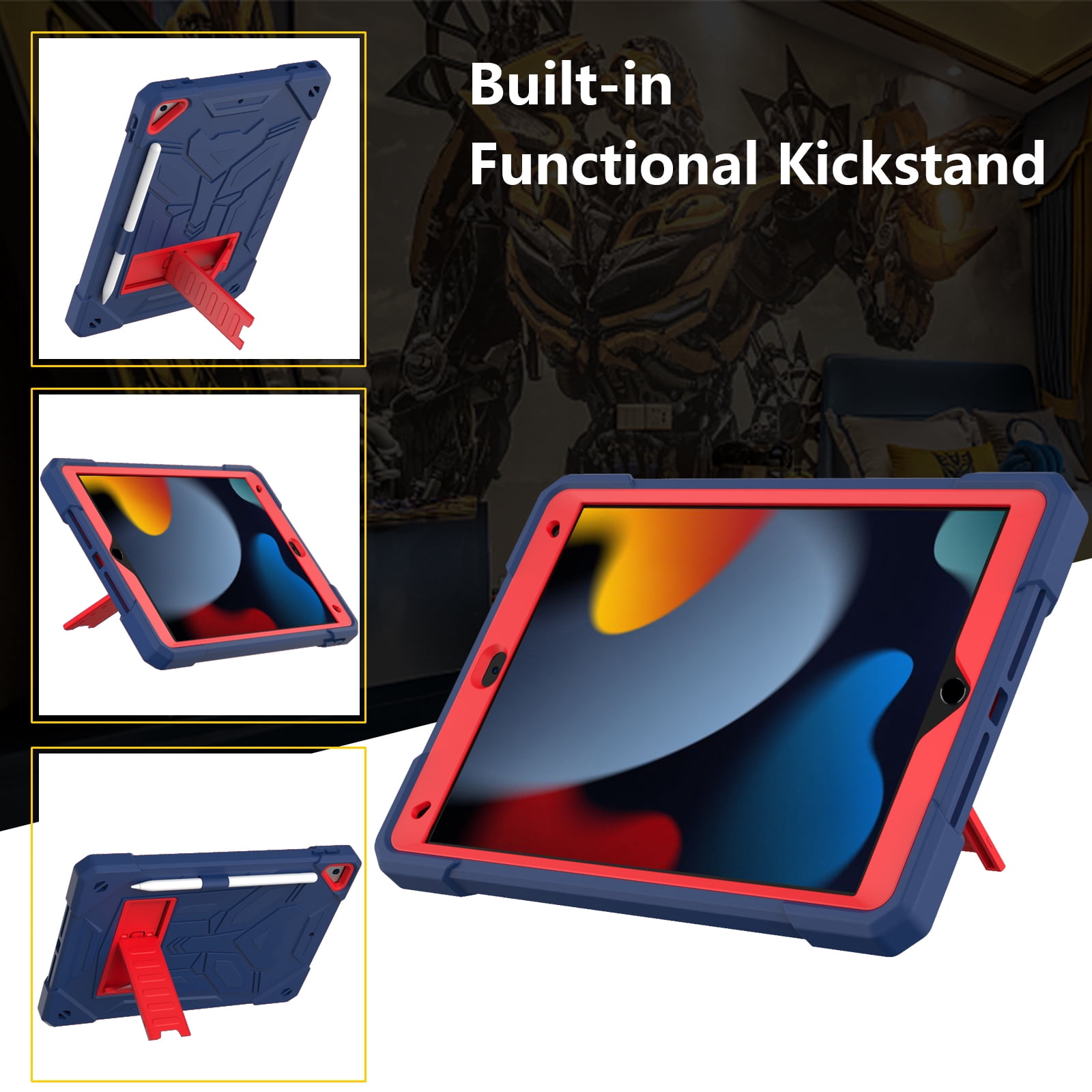 ELEHOLD Hybrid Rugged Case for iPad 9th/8th/7th Gen 10.2 2021/2020/2019, Heavy Duty Shockproof Case with Hidden Foldable Kickstand Adjustable Crossbody Shoulder Strap Pencil Holder,Darkblue