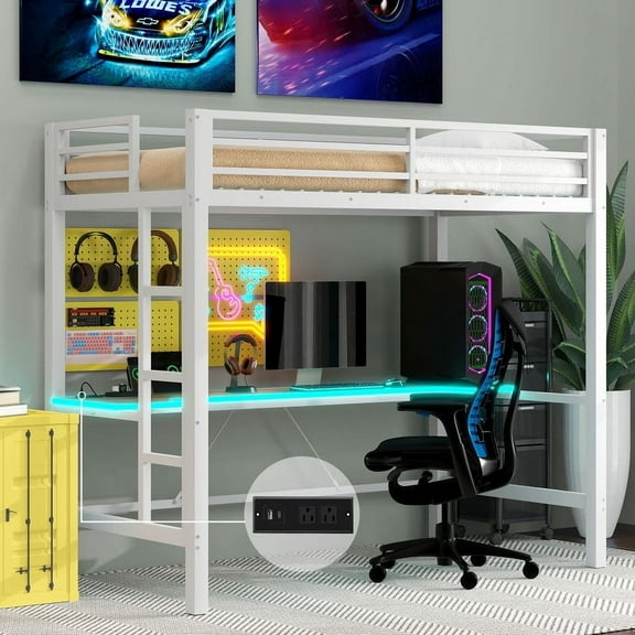 Bellemave Loft Bed Twin Size with Desk, Metal Twin Loft Bed Frame with Power Outlet and LED Lights, Heavy Duty Gaming Loft Beds with Ladder for Bedrom, No Box Spring Needed(Twin,White)