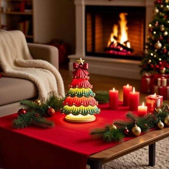 Table Top Christmas Tree, Hand Painted Resin Christmas Tree with Lights, Pre-lit Xmas Tree Decor Lighted Tabletop Decoration with Multicolored LED Bulbs, Ceramic-Like Finish