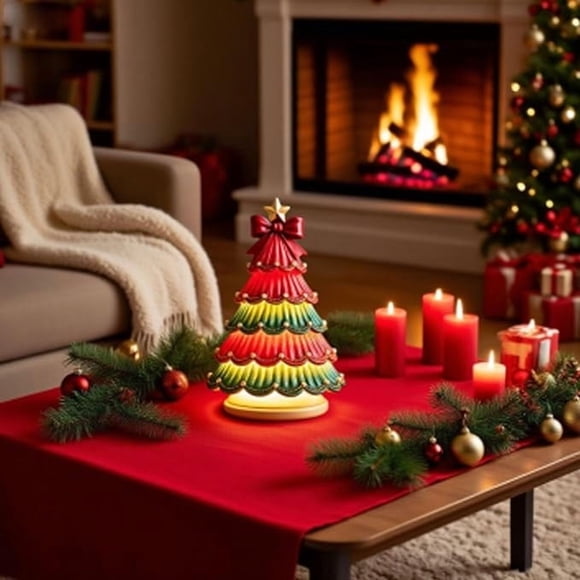 Amzcrzy A Lamp Home Decor Christmas Tree Light Painted Tabletop Christmas Trees Festive Decor with Light Red Green Golden Star Topper Holiday for Home Gift Room Decor Home and Kitchen