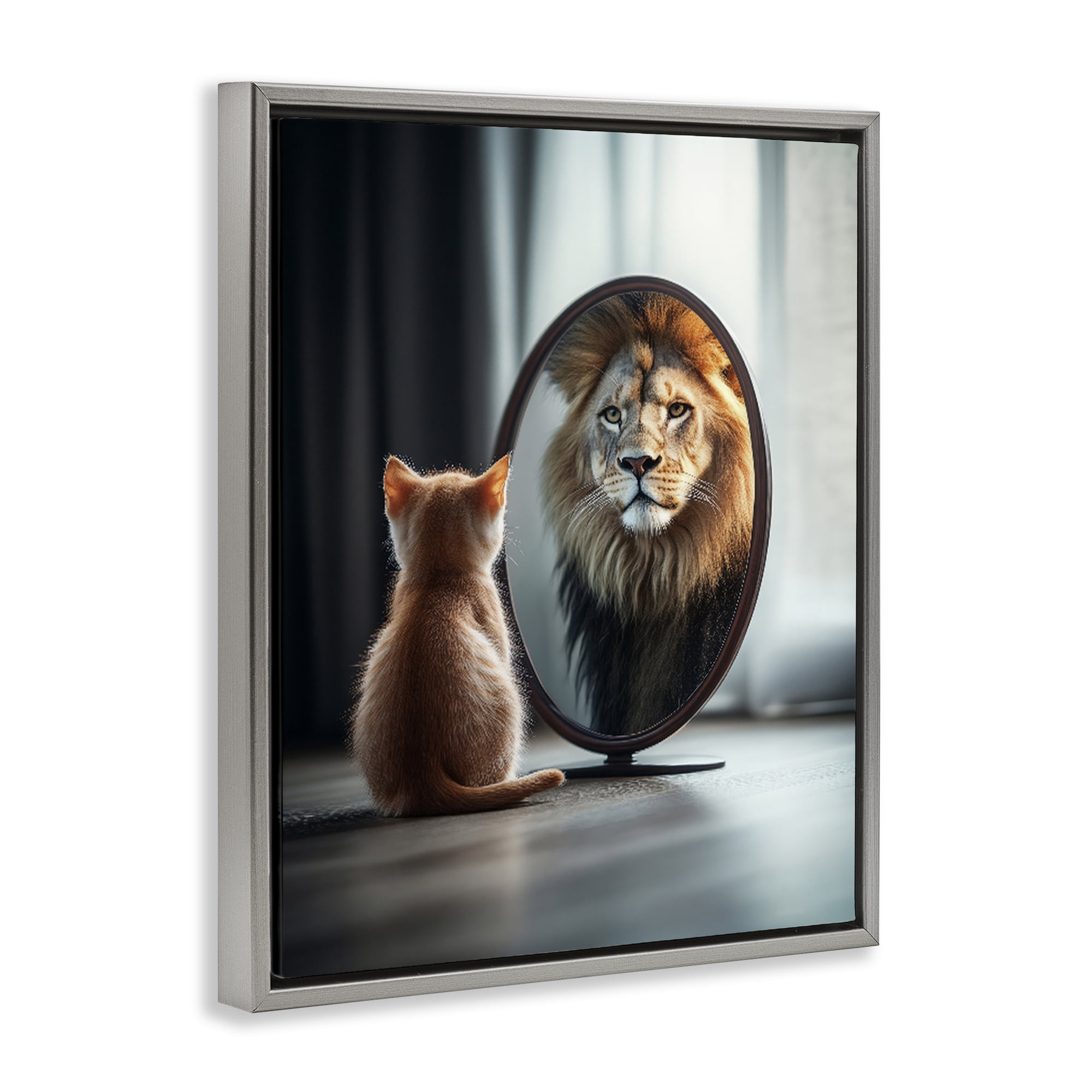Stupell Industries Kitten Becomes Lion Illusion Gray Framed Floater Canvas Wall Art, design by Scott Stulberg