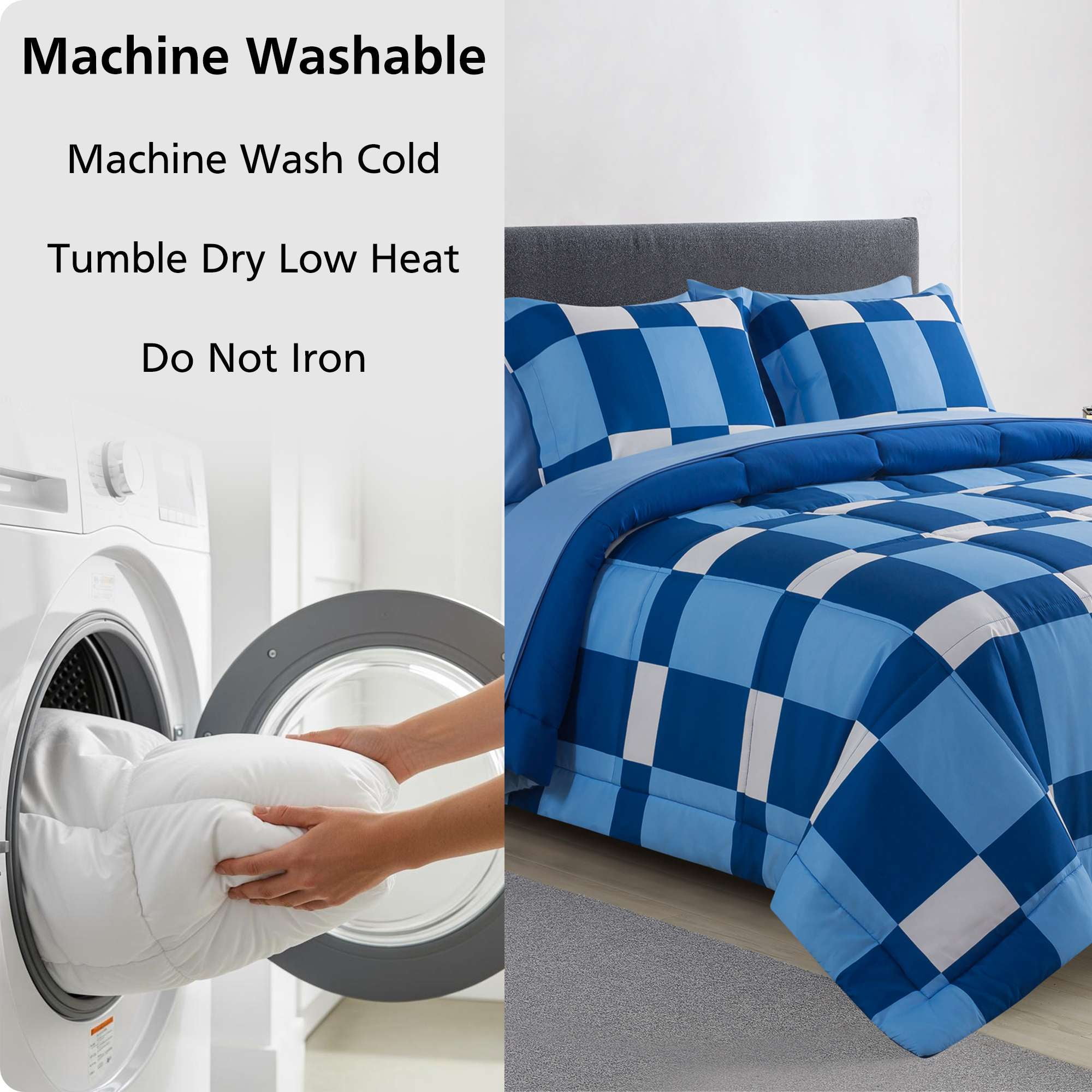 Mainstays 7-Piece Reversible Bed-in-a-Bag with Laundry Tote, Blue Check, Queen
