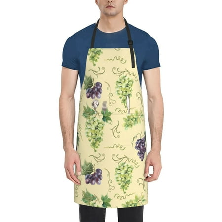 

Pofeuu Green And Purple Grapes Print Waterproof Apron with Pockets Adjustable Cooking Aprons Kitchen Bib for Baking Household Cleaning