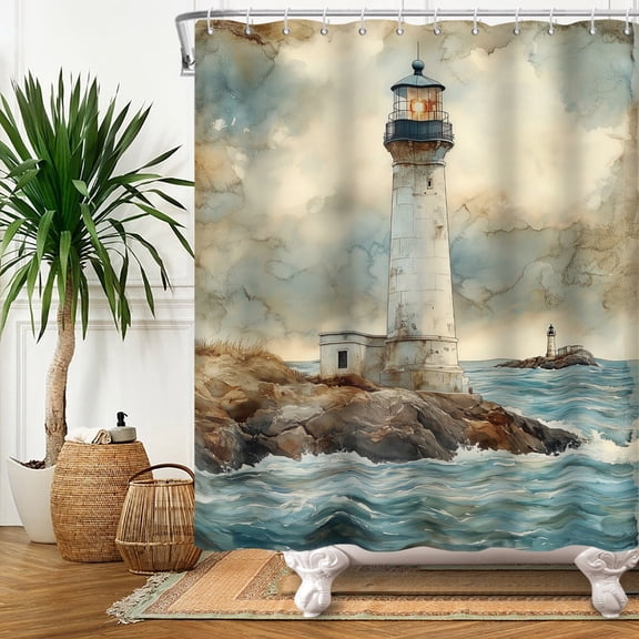 Nautical Lighthouse Shower Curtain Ocean Coastal Bathroom Curtain Decor 72x72 in