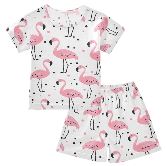 joogoo Flamingo Polka Dots Pattern Pajama Sets Short Sleeve Cotton 2-Piece Sleepwear 10Y