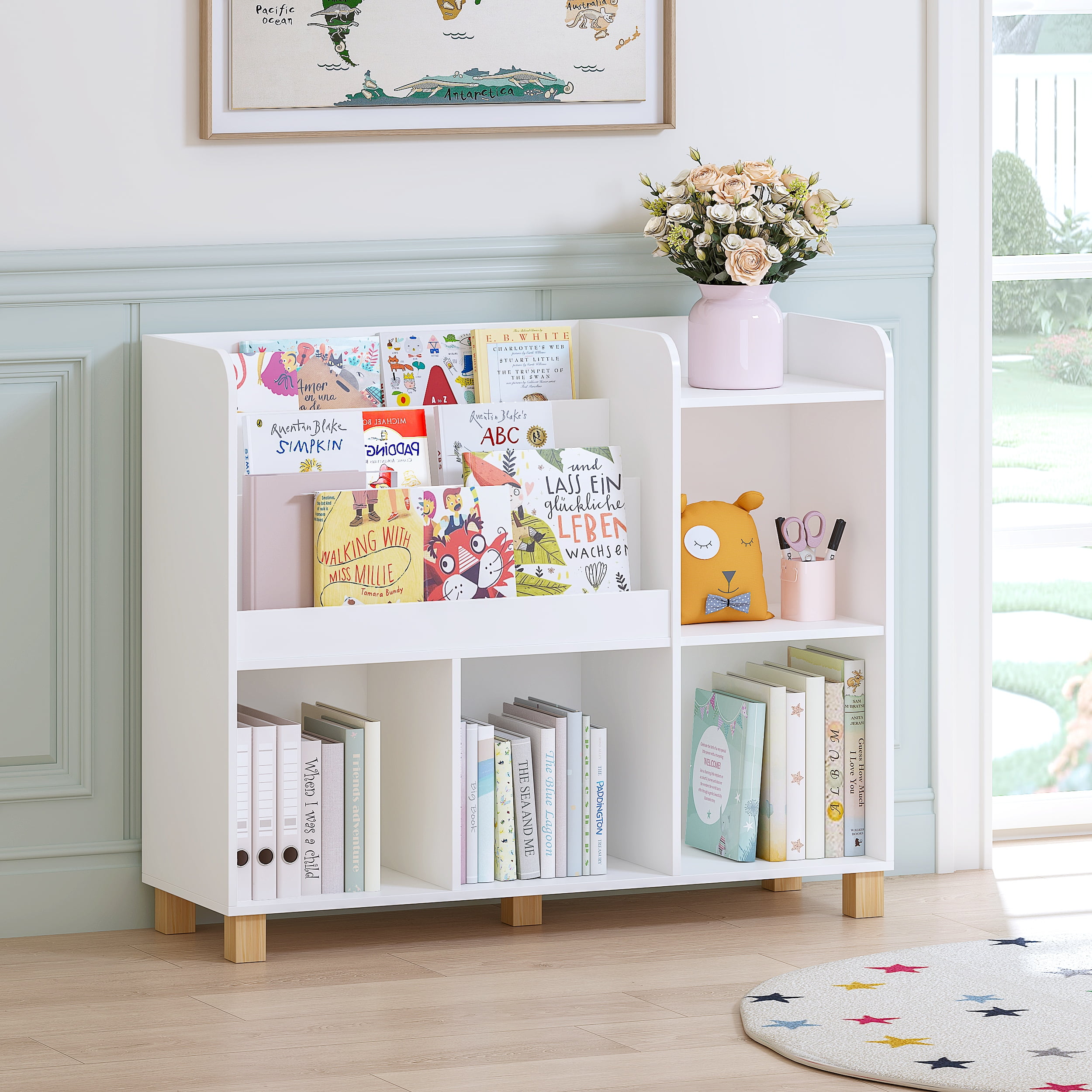 STAROUS Kids Bookshelf and Toy Storage Organizer, Tall Cube Bookcase for Playroom & Nursery, White