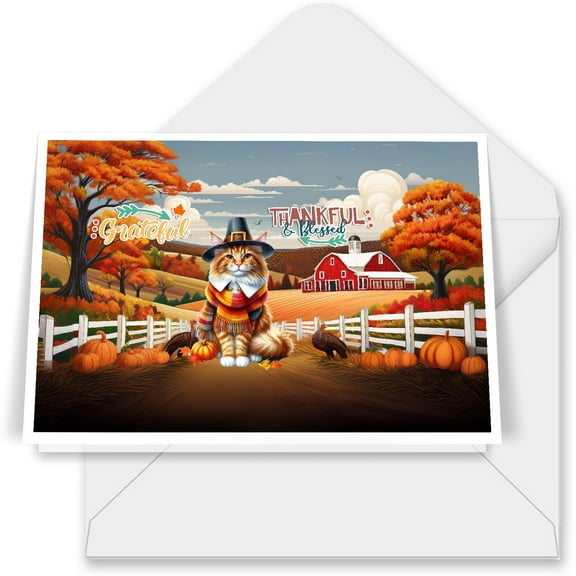 Thanksgiving Maine Coon Pilgrim Grateful, Thankful, Blessed Fall Welcome 7x5in Folded Greeting Card Cat Lover Kitten Owner Gifts Single Note Card with Envelope - 00021