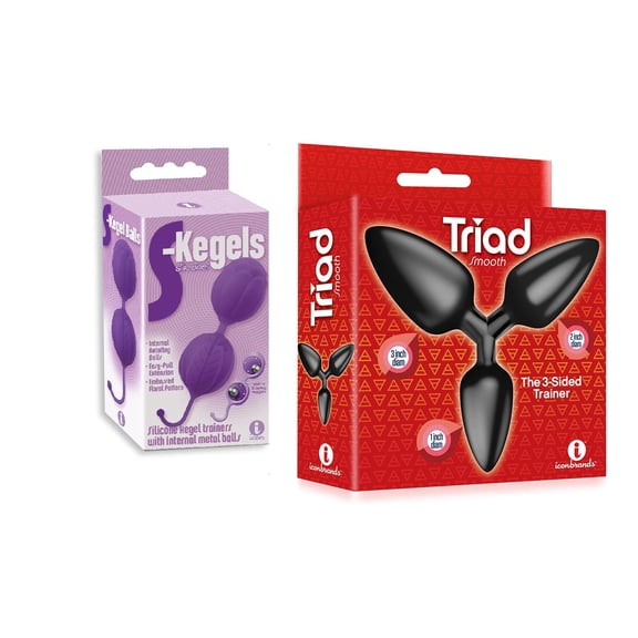 Sex Toy Gift Set Bundle of S-Kegels, Silicone Kegal Balls, Purple and Icon Brands Triad 3 Way Butt Plug, Smooth