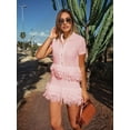 thumbnail image 3 of Women'S Open Knit Short Sleeve Top with Fringe Pink L, 3 of 5