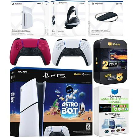 Sony PlayStation 5 Astro Bot Slim Digital Bundle with Disc Drive, Pulse Elite Headset, Extra Controller, Vertical Stand, MightySkins Game Collection Services and 2 Year Extended Warranty - Cosmic Red