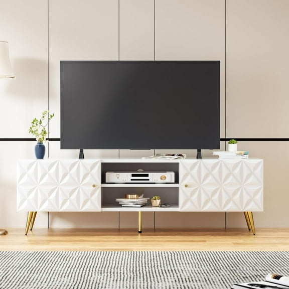 White TV Stand for 65 Inch TV, Modern Entertainment Center w/Storage Cabinets & Adjustable Shelves, Embossed Geometric TV Console with Gold Legs, Media Console for Living Room, Bedroom - 58" W