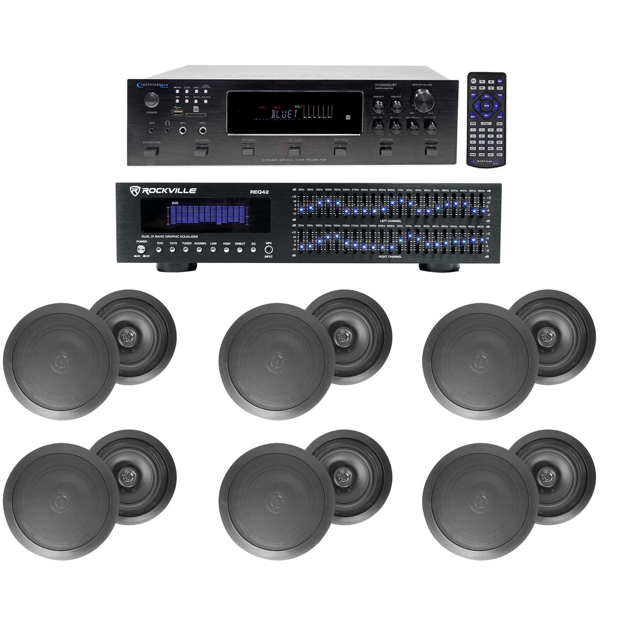 6000w 6-Zone Home Theater Bluetooth Receiver+12) Black 6.5 Ceiling Speakers+EQ
