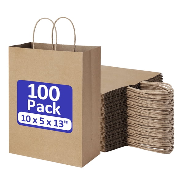 BagDream Brown Paper Gift Bags with Handles Kraft Paper Shopping Bags for Business, Shopping, Grocery, Retail, Birthday Party, Merchandise, 10x5x13, 100 Pack