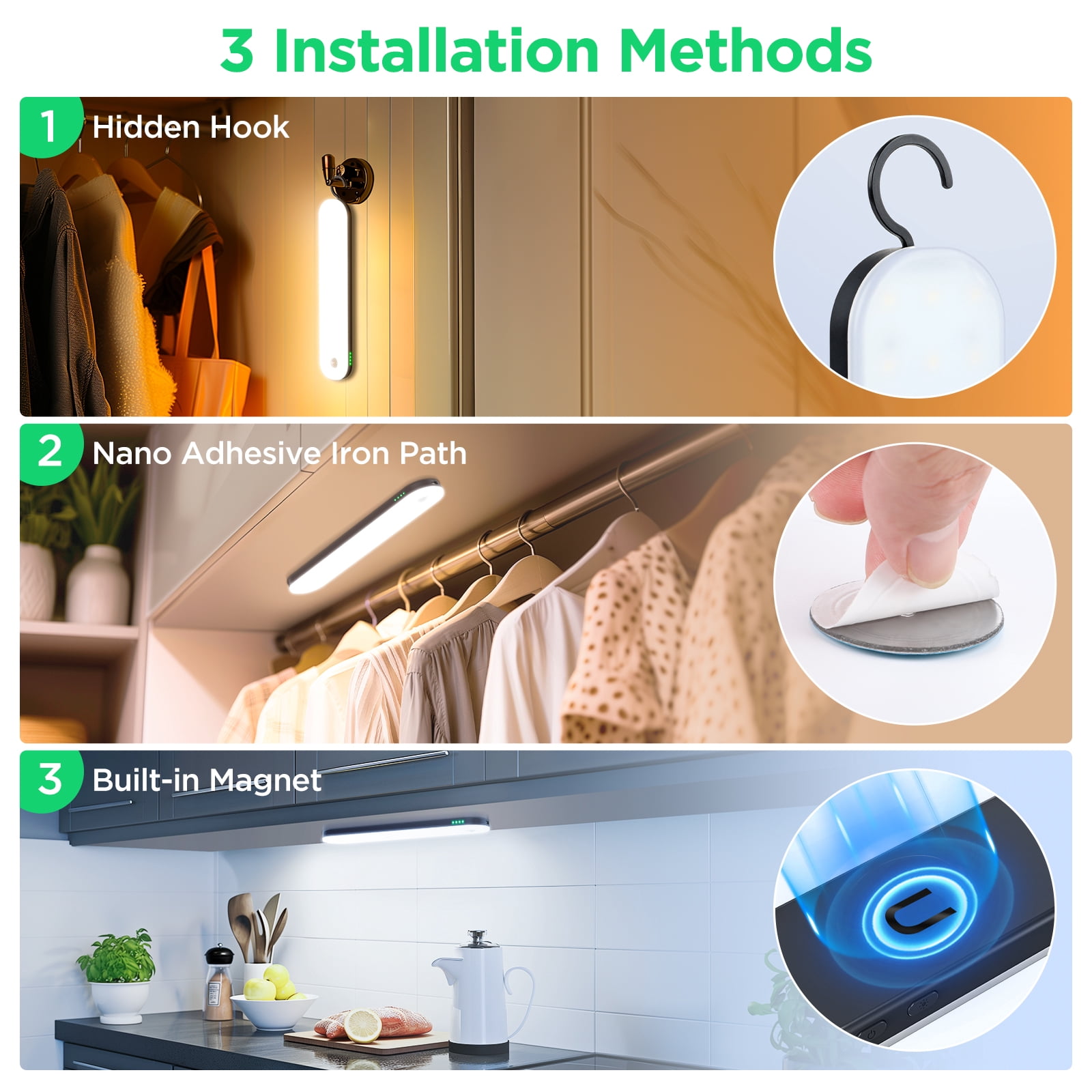 Under Cabinet Lighting, Motion Sensor Lights Indoor with 3 Color Temps Dimmable, 2600mAh Rechargeable Closet Lights Wireless, Magnetic Under Counter Lights for Kitchen Hallway Stairs,4-Pack