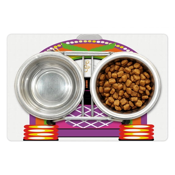 Jukebox Pet Mat for Food and Water, Cartoon Vivid Design Vintage Music Notes Radio Box Artwork, Non-Slip Rubber Mat for Dogs and Cats, 18" X 12", by Ambesonne