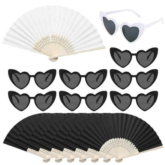 Crusward 8 Pairs Heart Shaped Sunglasses with 8 Pcs Wedding Folding Fans for Wedding, Outdoor Party Favors, Bridal Shower DIY Decoration Photography Props