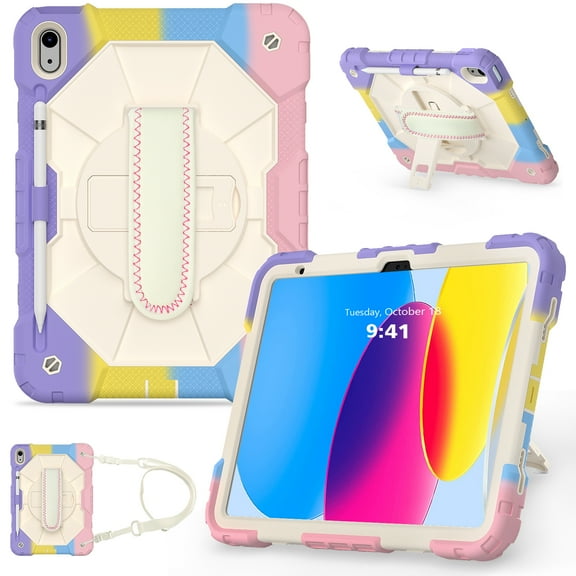 360 Rotating Kickstand Case for iPad 10th Gen 10.9" 2022, Silicone Rubber with Pencil Holder Kickstand Hand Strap and Shoulder Strap Rugged for iPad 10th Gen Gen 10.9" 2022, colorful pink+beige