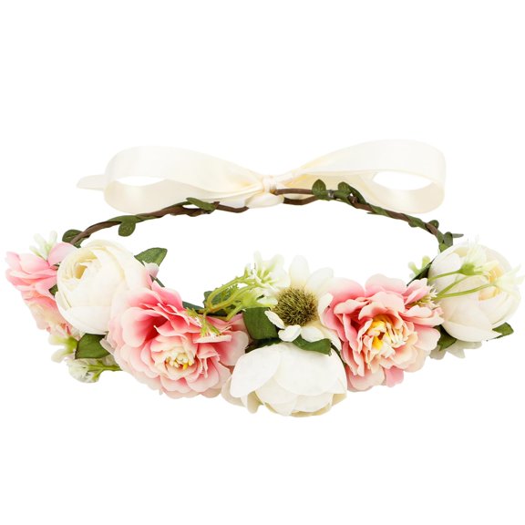 Floral Crown for Women, Girls, Baby Shower - Pink Wedding Flower Headband, Boho Headpiece