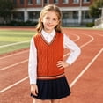 thumbnail image 6 of SHTXOZHI Kid's Knitted School Uniform Sweater Sleeveless V-Neck Pullover Basic Layering Casual Fall Striped Tank Tops, 6 of 9