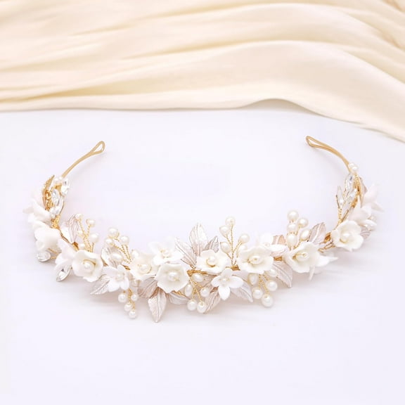 Gold Bridal Headbands Wedding Headpieces With Ceramic Flowers Wide Pearl Wedding Hair Accessories For Women And Girls