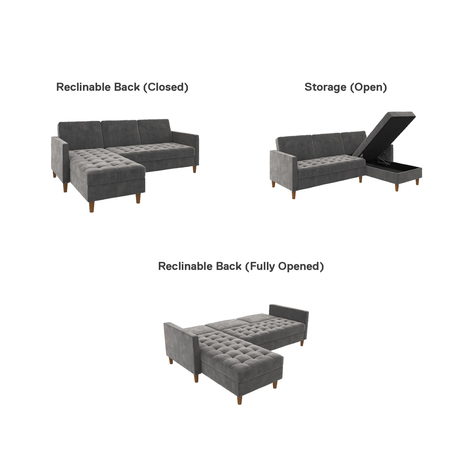 DHP Presley Reversible Storage Sectional Futon, Dark Grey Chenille