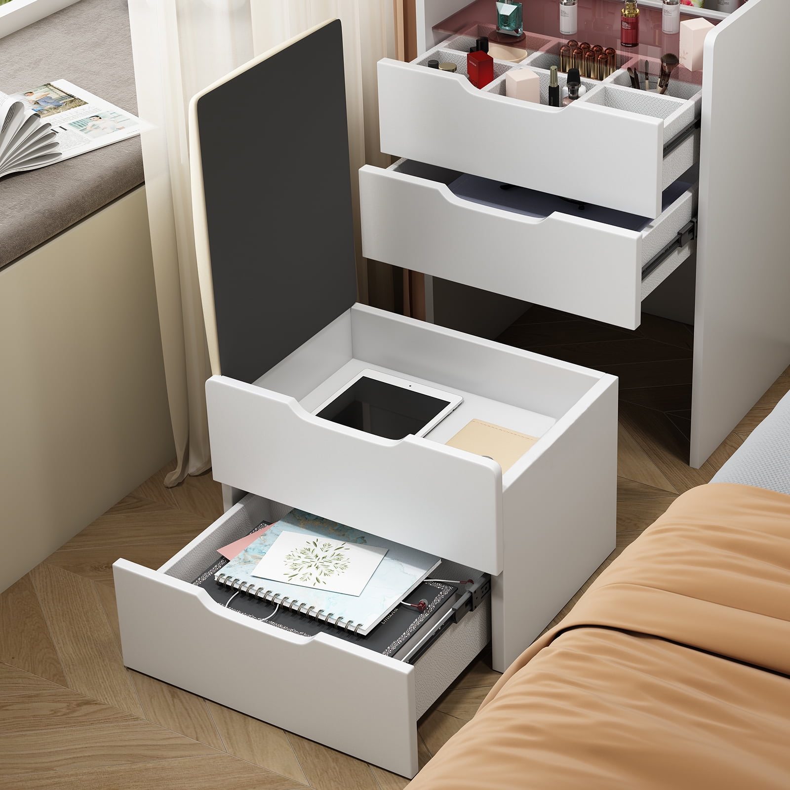 Miniyam Vanity Desk with Lighted Flip Mirror, Drawers and Storage Stool for Adults, White