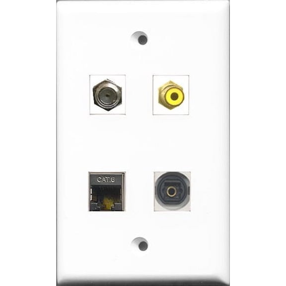 RiteAV 1 Port RCA Yellow and 1 Port Coax Cable TV- F-Type and 1 Port Shielded Cat6 Ethernet and 1 Port Toslink Wall Plate