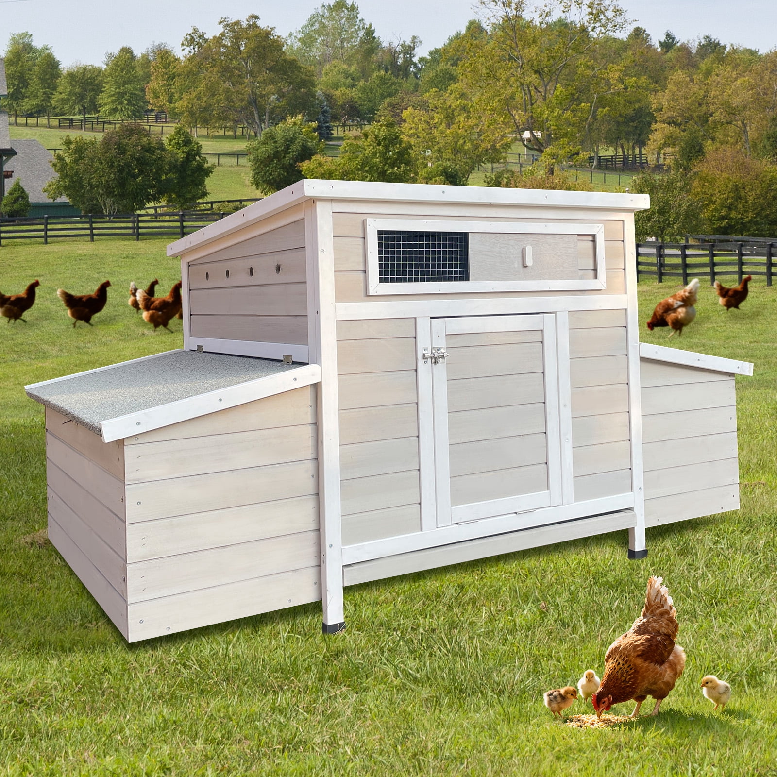Wooden Chicken Coop with 2 Sides Nesting Boxes, Outdoor Weatherproof Hen House Poultry Cage, Ventilated Predator-Proof Chicken Hutch with Secure Latches for Backyard Farm