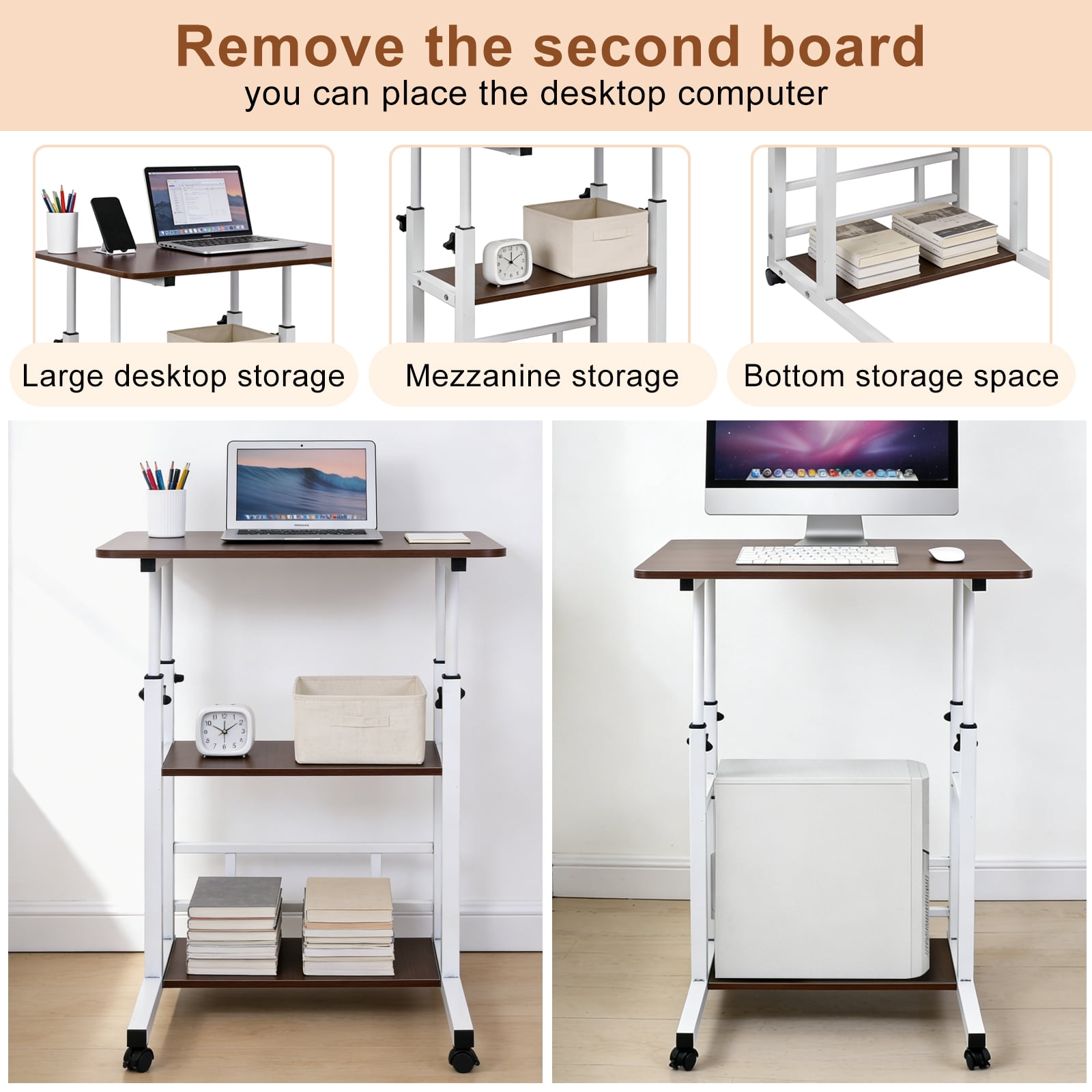 32 Inch Rolling Desk Rustic Adjustable Height Small Standing Desk on Wheels with Storage Shelves Portable Computer Desk Drafting Table for Home Office Small Spaces