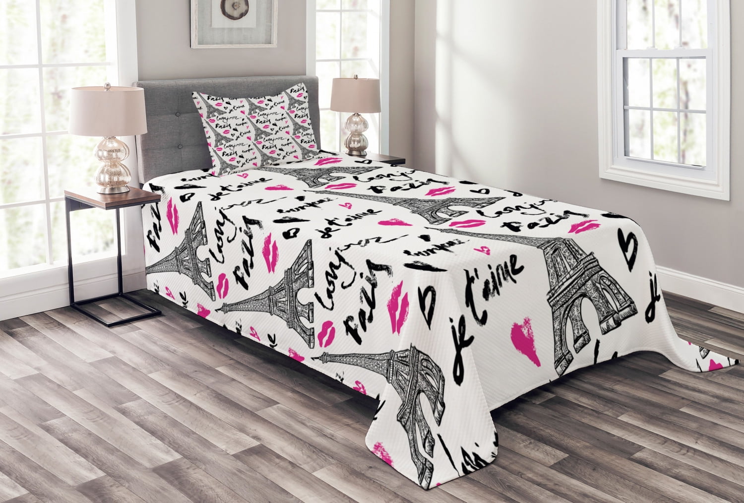 Paris Bedspread Set Twin Size, Eiffel Tower with Lipstick Kiss Heart