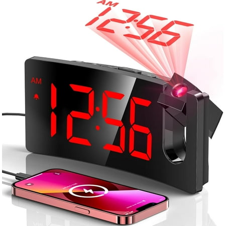 VictSing Modern Curved Design Projection Alarm Clock - 180° Rotatable Projector, 3-Level Brightness Dimmer, Progressive Volume, 9-Minute Snooze, 12/24H Format for Bedroom