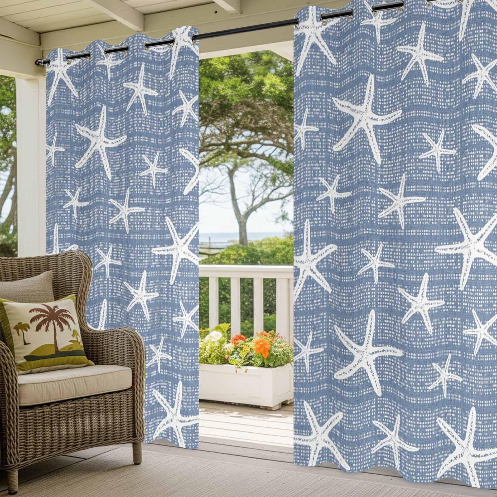 Blue Starfish Coastal Outdoor Curtains for Patio, Beach Summer Nautical Sea Ocean Sunshade Privacy Drapes Grommet Waterproof Outside Curtains for Porch/Cabana/Balcony 54"x 108", 2 Panel