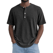 Men's Waffle Henley Short Sleeve T Shirt Casual Button Tee Shirts Heavyweight Henley Summer Top Black 3XL