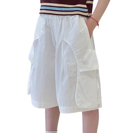 FSYBOA Boys Cargo Shorts Casual Elastic Wasit Fashion Knee Length Kids Summer Shorts White Size 9-10T