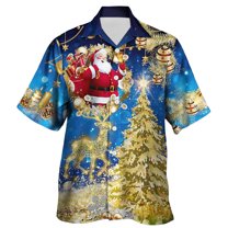 Mens Christmas T Shirts Golf Santa Digital 3D Printing Short Sleeve Lapel Button Mens Work Clothing,Blue,2XL