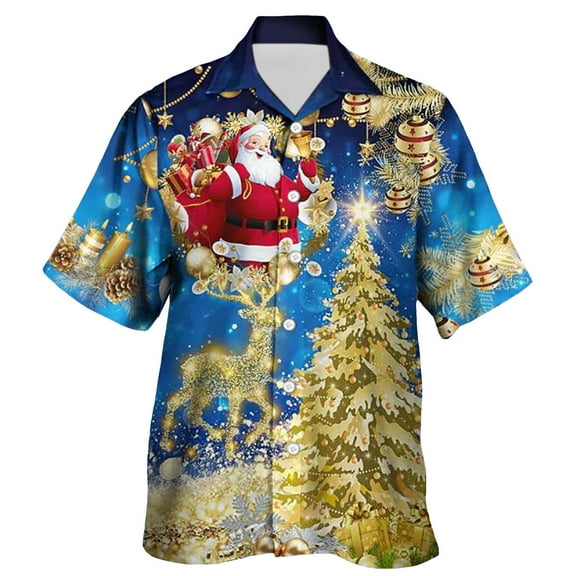 Mens Christmas T Shirts Golf Santa Digital 3D Printing Short Sleeve Lapel Button Mens Work Clothing,Blue,2XL