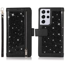 Galaxy S21 Ultra Wallet Case,Allytech Bling Flip Folio PU Leather Magnetic Kickstand Cell Phone Cover with Credit Card Holder,Zipper Pocket Wrist Strap for Samsung Galaxy S21 Ultra 5G 6.8 Inch, Black