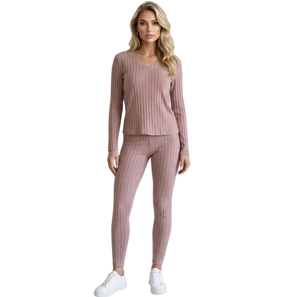 Conjunto Mujer 2 Piezas Blusa Manga Larga Y Pants Ajuste Cómodo Casual