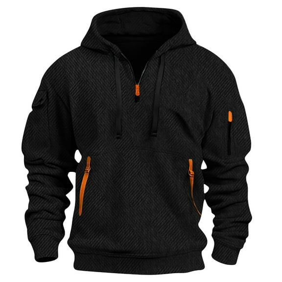 JUUYY Men's 1/4 Zipper Pullover Hooded Sweatshirt Loose Casual Fashion Texture Long Sleeve Hoodie Fall Sweatshirts Black XXL