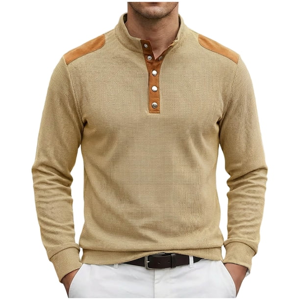 Camisetas de Verano de Manga Larga para Hombres Cuello de Pie Bloque de Color Botón Parchado Blusa Casual, Nylon Suave Spandex