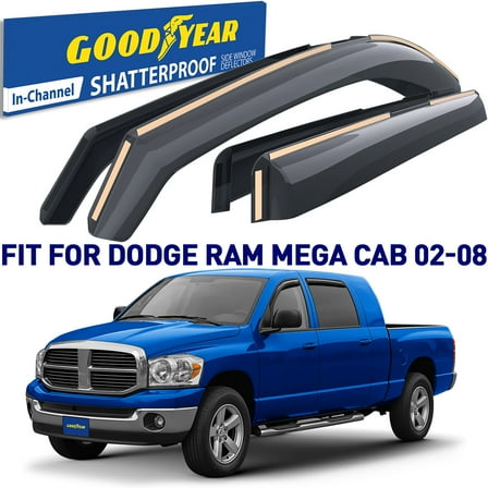 Goodyear Shatterproof in-Channel Window Deflectors for Dodge RAM 2002-2008 MegaCab, Rain Guards, Window Visors for Cars, Vent Deflector, Car Accessories, 4 pcs - GY008047