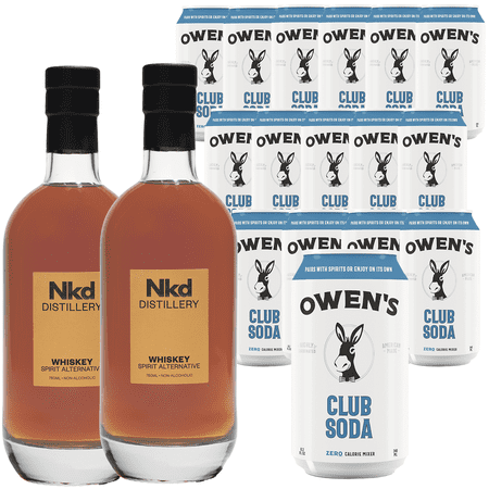 Nkd Distillery Whiskey Alternative Premium Non-Alcoholic Spirit 750 ML Bottles w Owen’s Mixers Club Soda 8.2 OZ Cans - Perfect for Mocktails - A